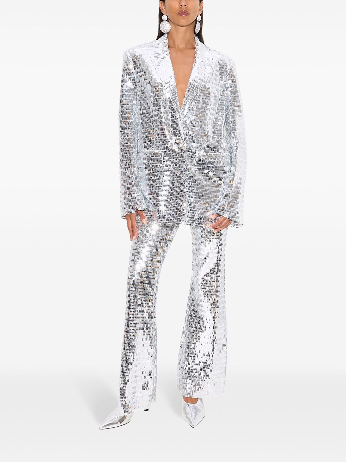 Long Sleeve Mirrored Sequin Suit Silver