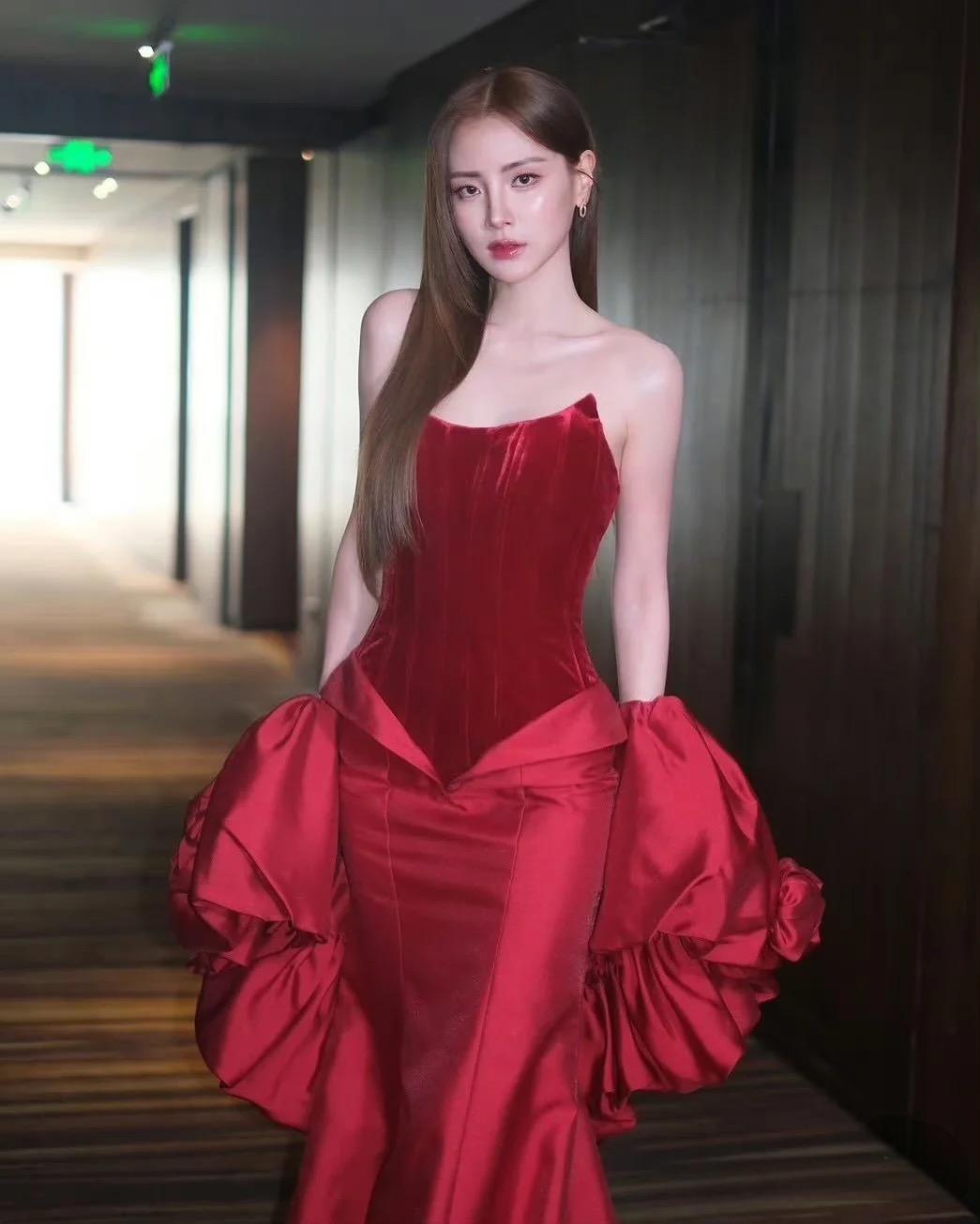 Strapless Floral Puff Detail Corset Maxi Dress Red