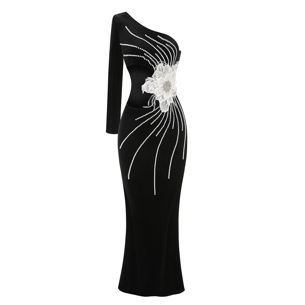 One Sleeve Pearl Floral Maxi Velvet Dress Black