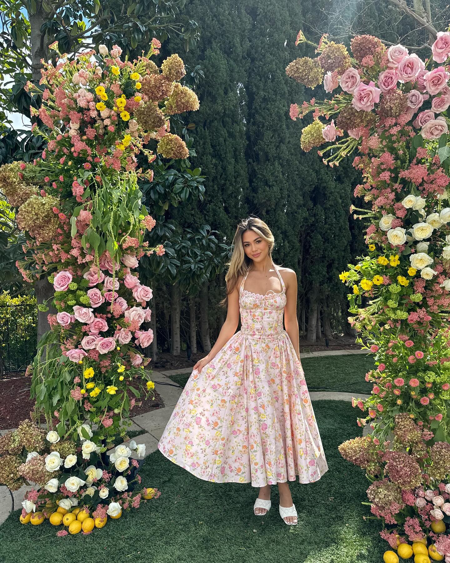 Halter Lace Bustier A Line Midi Dress Floral Pink HV1289