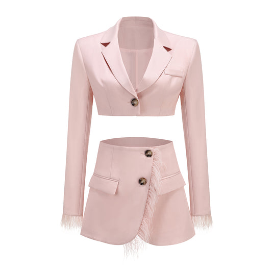 Long Sleeve Feather Detail Two Piece Dress Pink HV1262