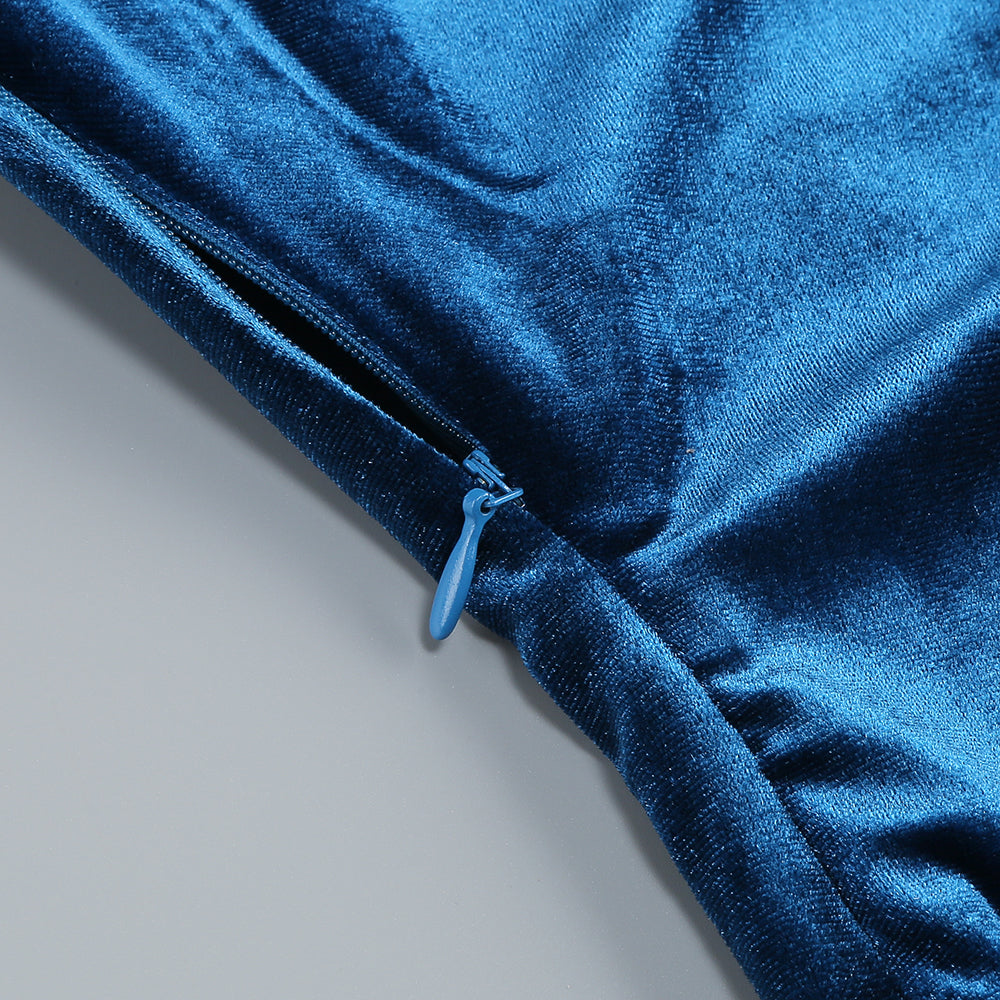 Feather Long Sleeve Velvet Dress Blue