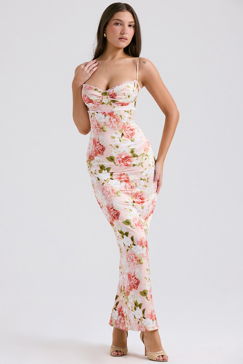 Bustier Lace Floral Maxi Dress Pink