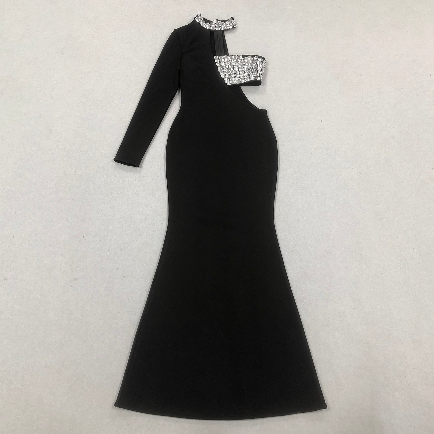 One Sleeve Crystal Detail Maxi Dress Black HV2098