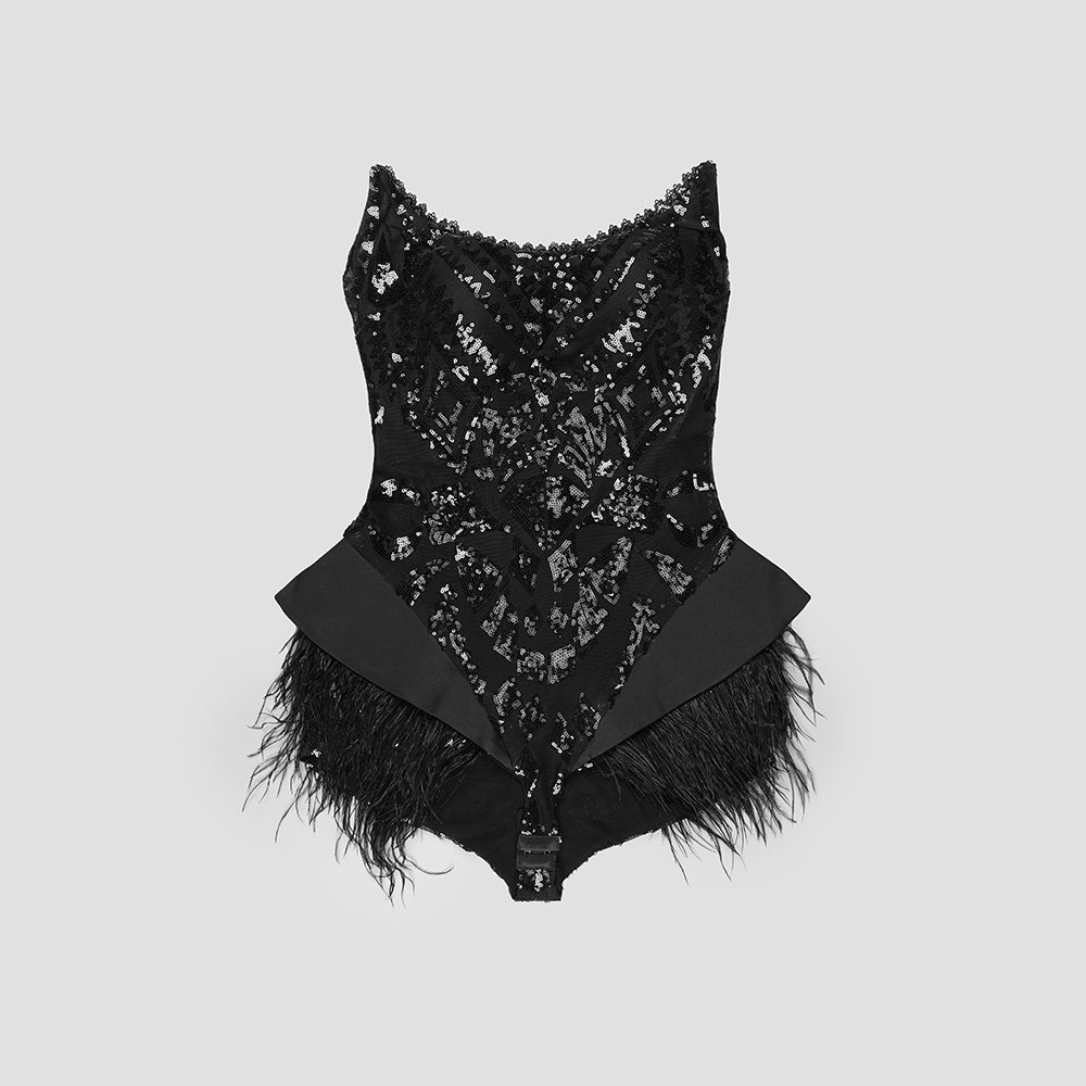 Strapless Sequin Feather Bodysuit Black HV9719