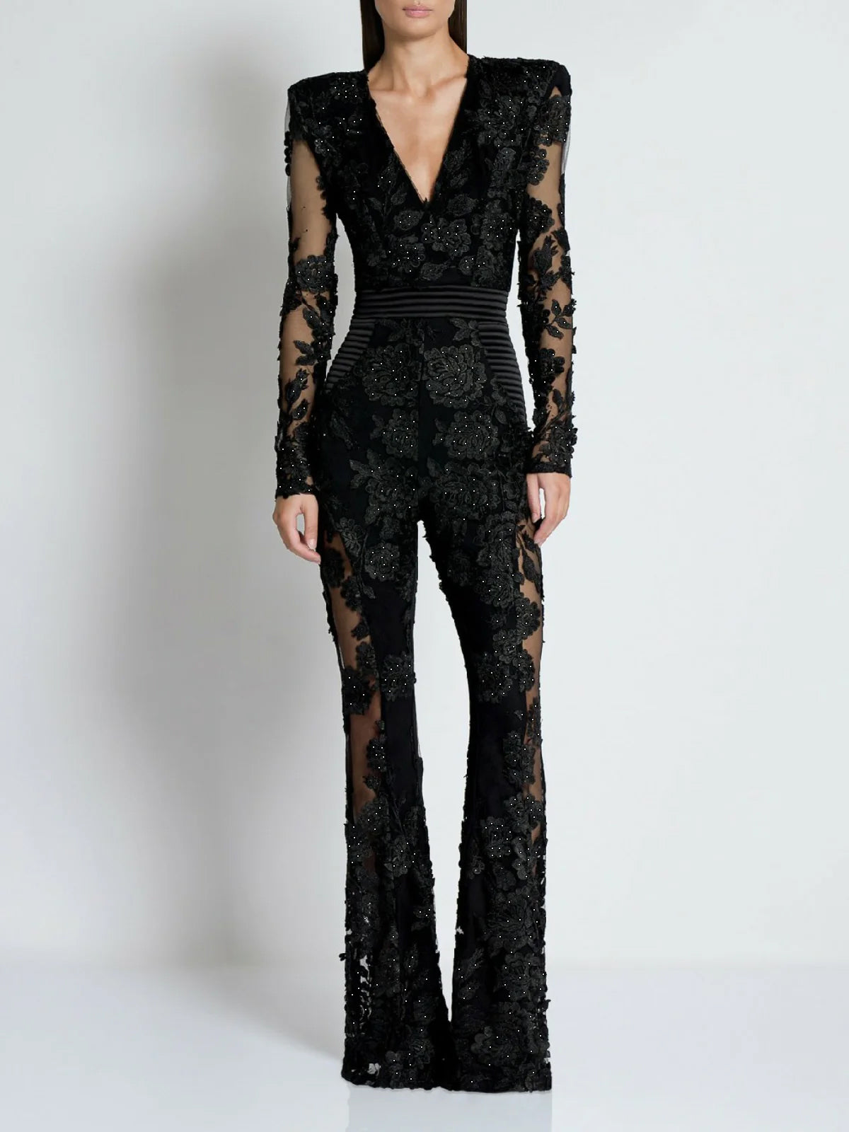 Long Sleeve Floral Lace Jumpsuit Black HV1988