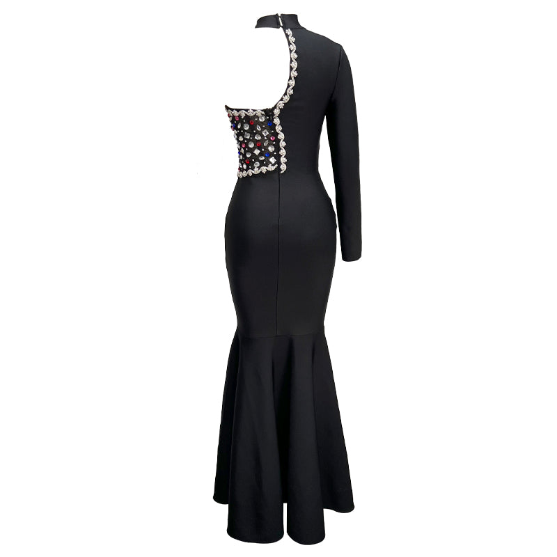 One Sleeve Embellished Mermaid Maxi Dress Black HV1208