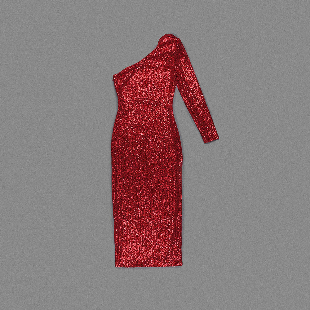 One Sleeve Sequin Midi Dress Red HV9898