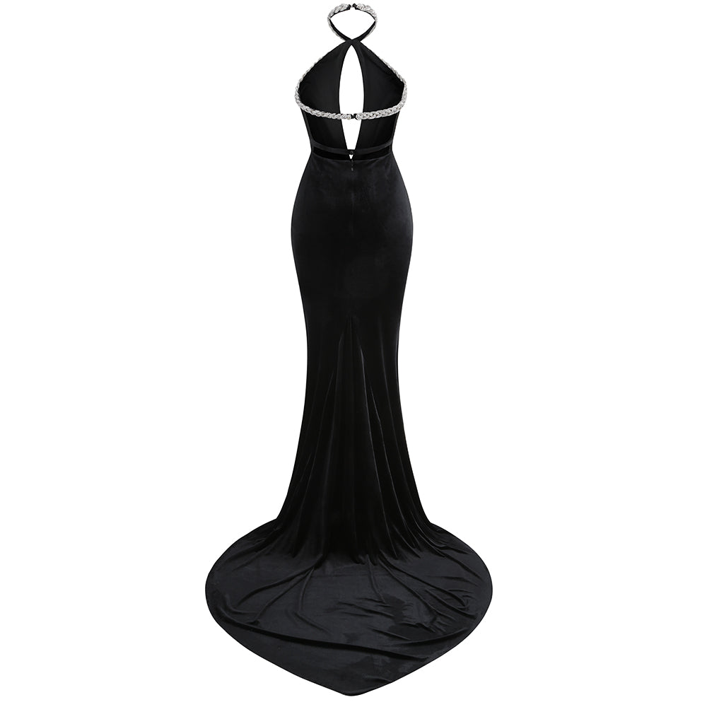 Halter Crystal Braid Maxi Velvet Dress Black HV1897