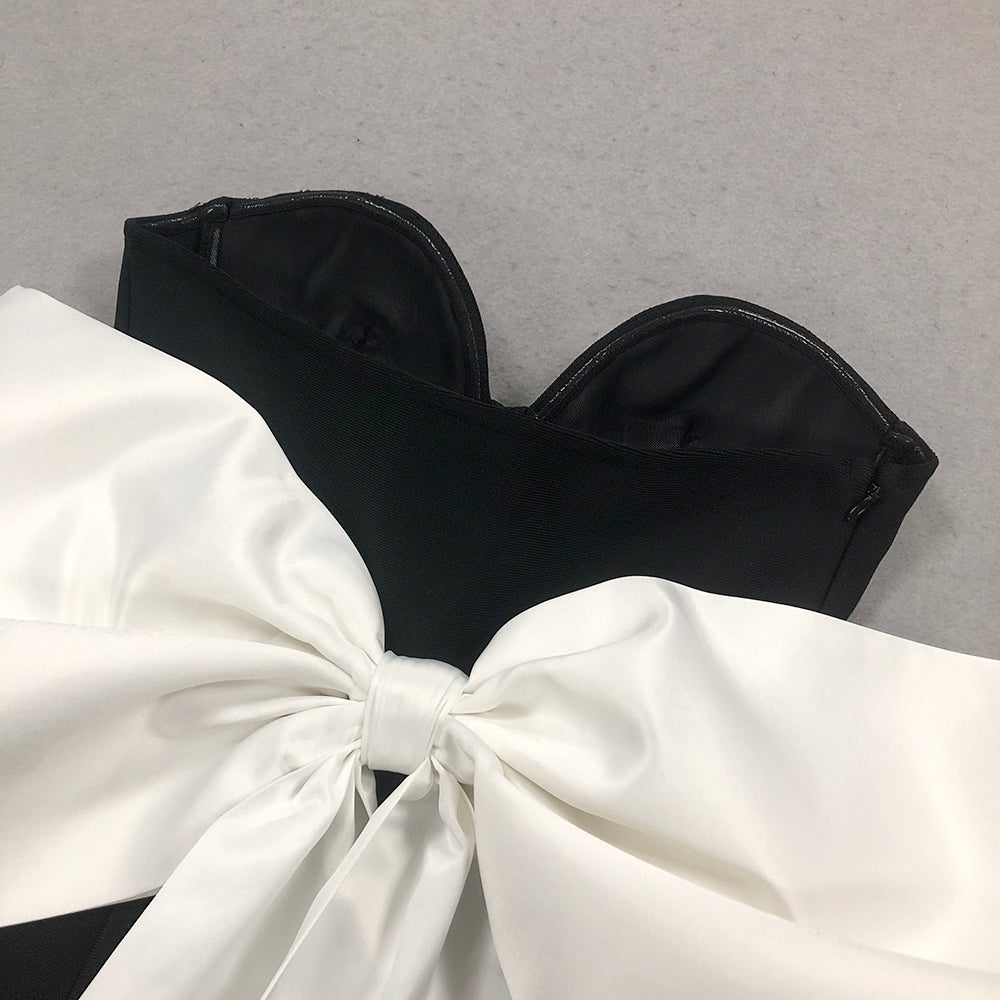 Strapless Bustier Bow Detail Maxi Dress Black White HV10110