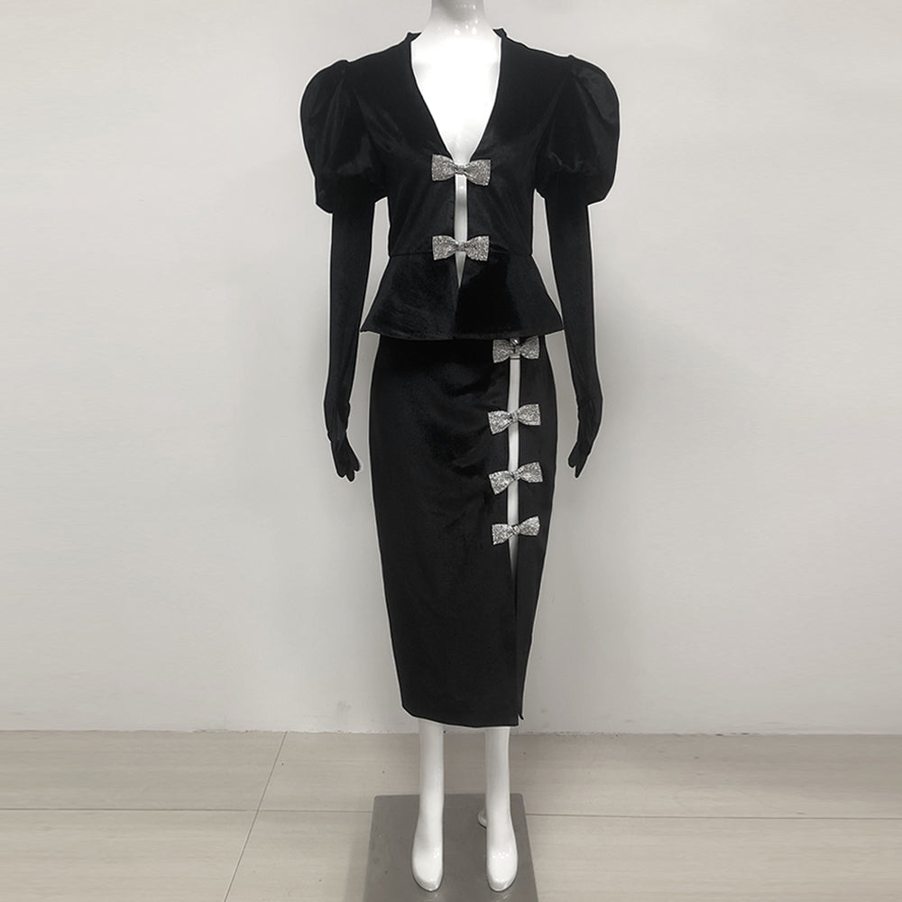 Short Sleeve Crystal Bow Midi Two Piece Velvet Dress Black HV2097