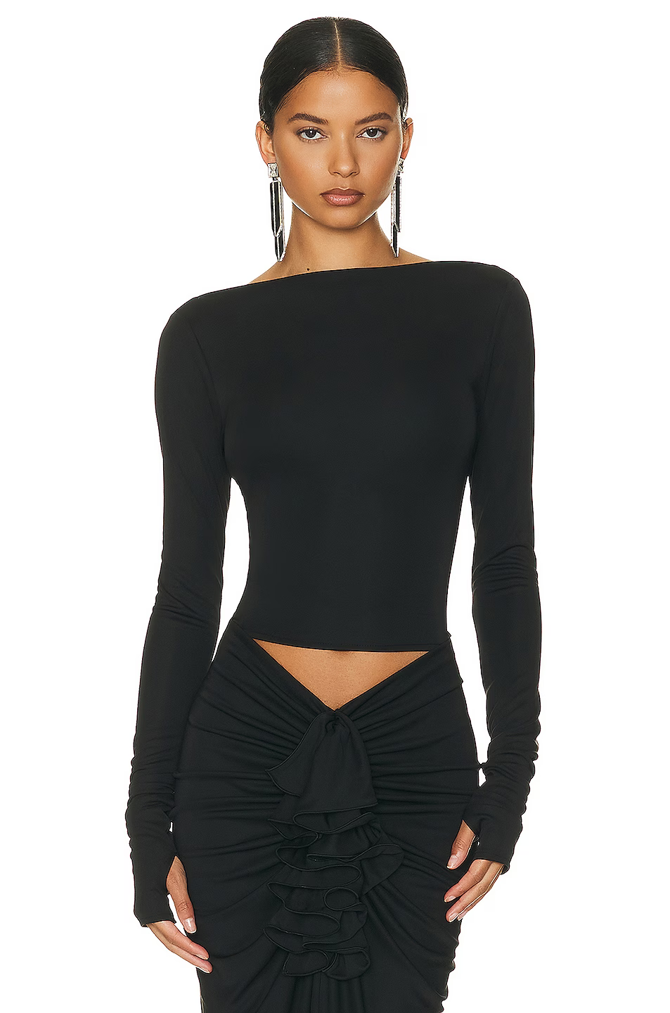 Long Sleeve Ruffle Two Piece Maxi Dress Black HV1050