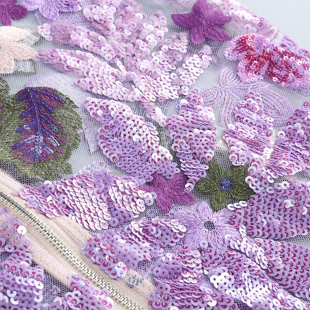 Strapless Floral Sequin Bustier Maxi Dress Lavender HV1373