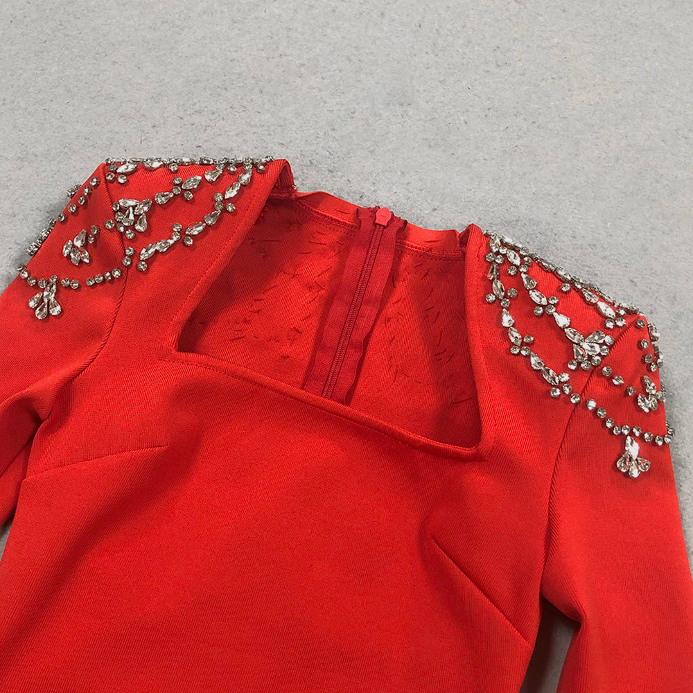 Long Sleeve Crystal Shoulder Maxi Dress Red BB10026