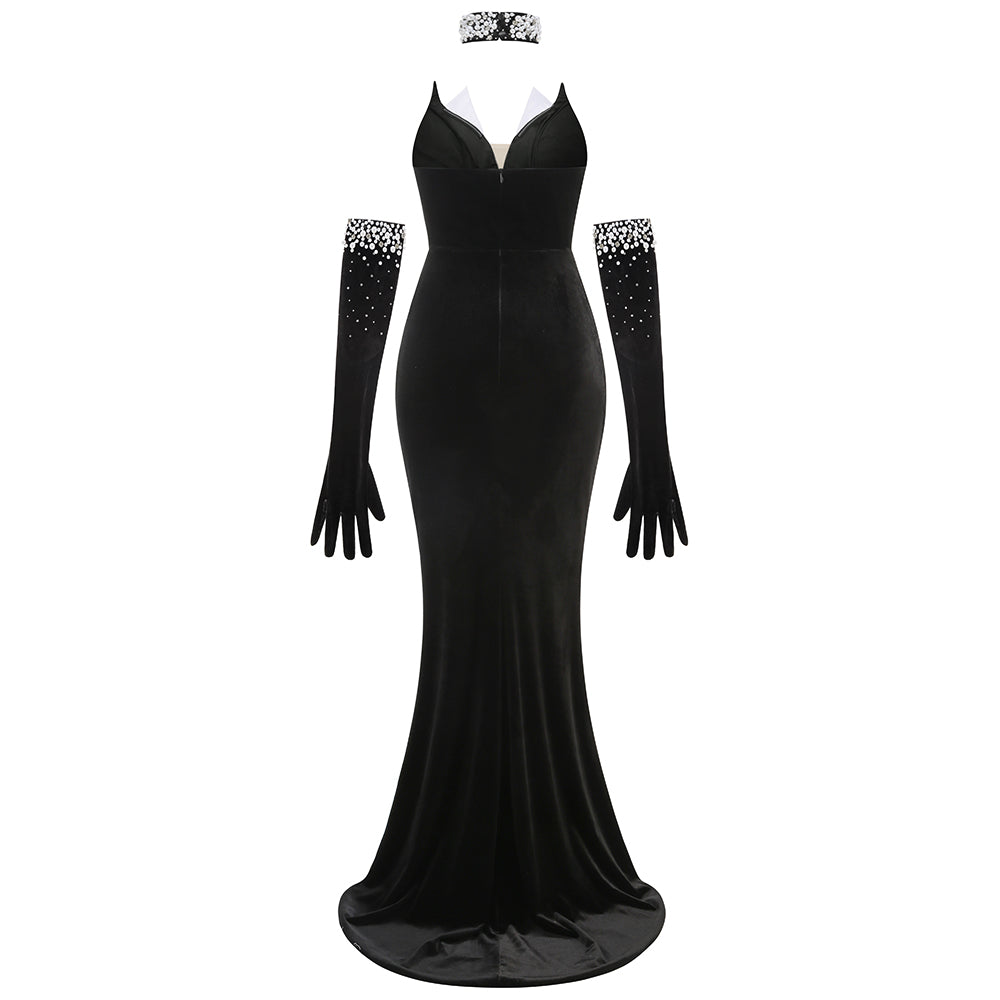 Strapless Pearl Detail Maxi Velvet Dress Black HV1979