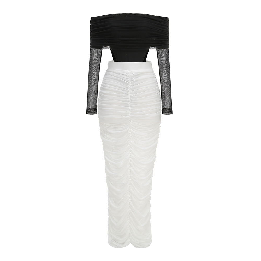 Long Sleeve Draped Bardot Maxi Dress Black White HV2779