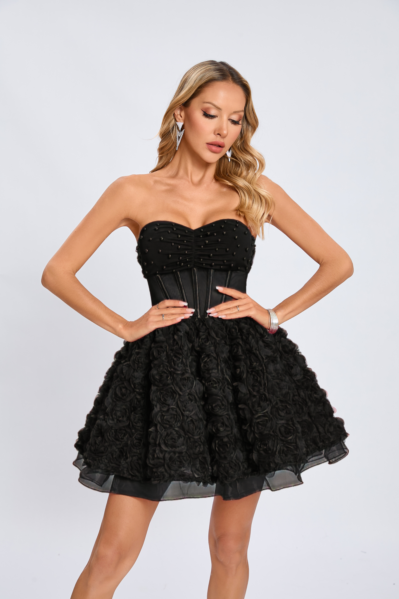 Strapless 3D Floral A Line Dress Black HV2156