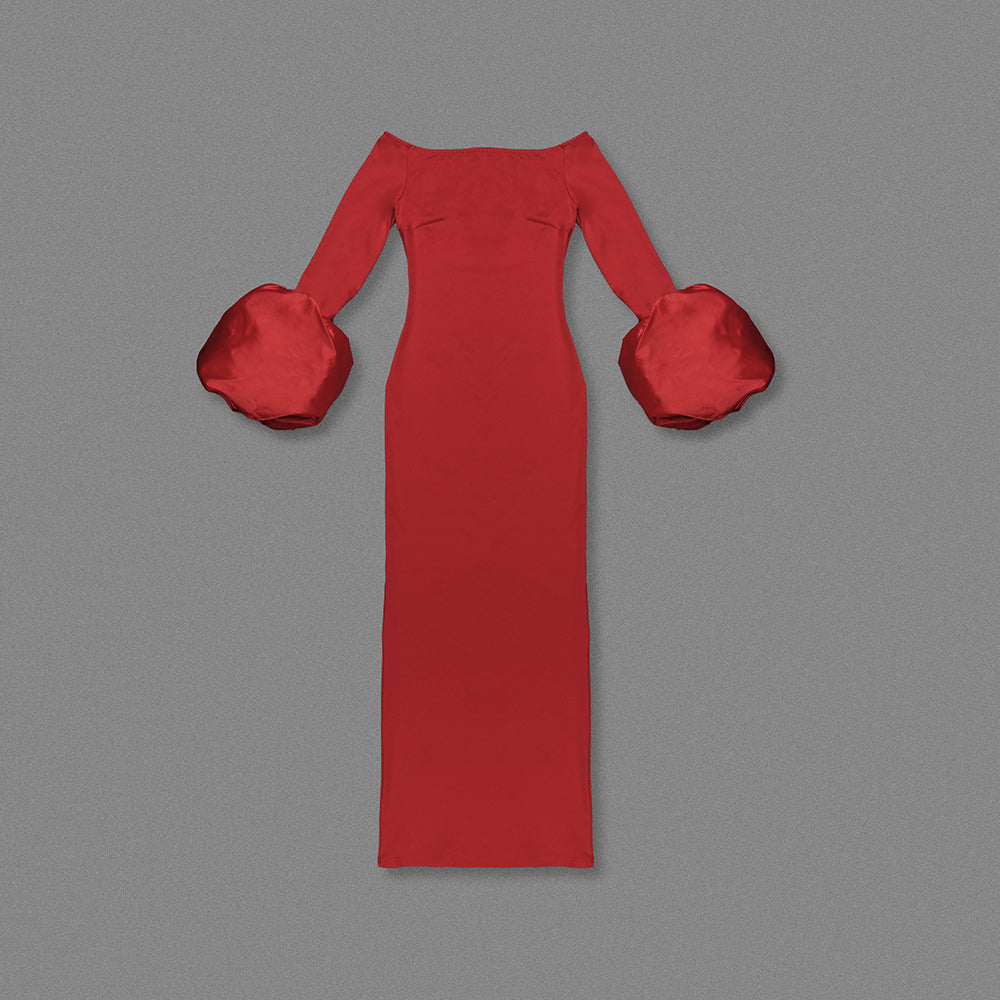 Long Sleeve Bardot Maxi Dress Red HV1855
