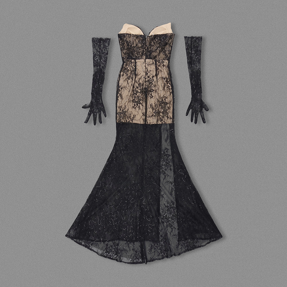 Strapless Sequin Lace Maxi Dress Black HV1630