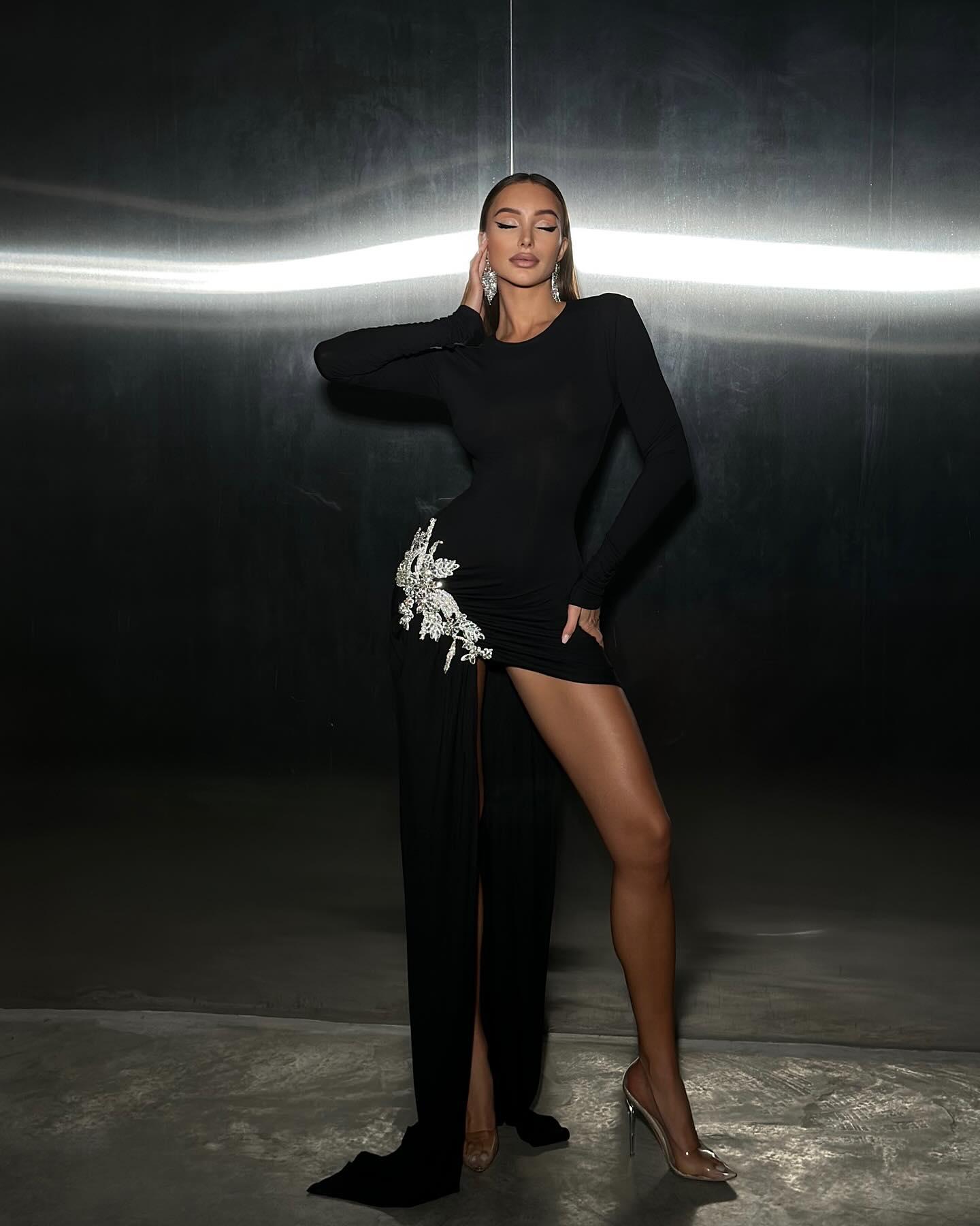 Long Sleeve Crystal Detail Draped Dress Black HV2036