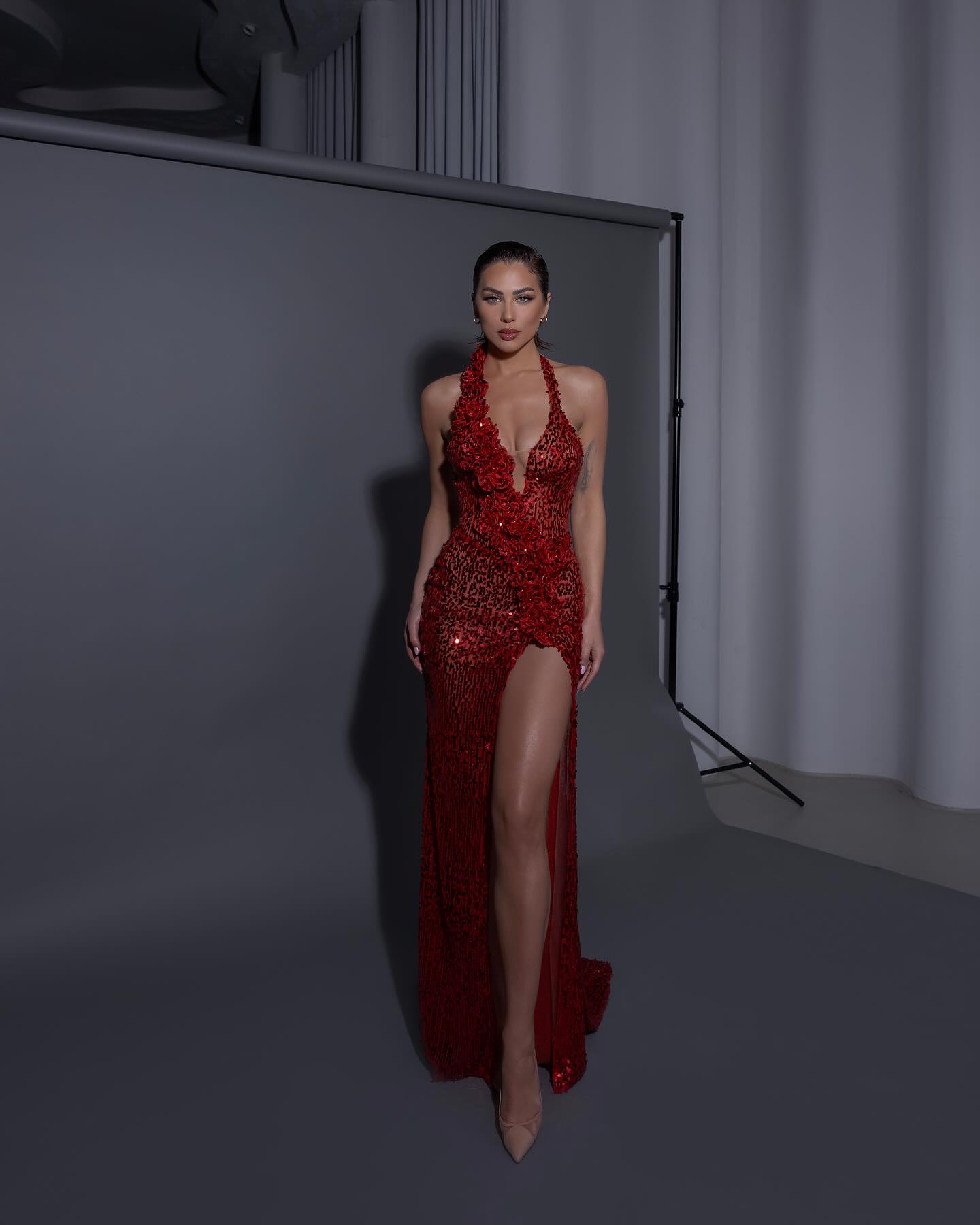 Halter Floral Detail Sequin Maxi Dress Red HV1915