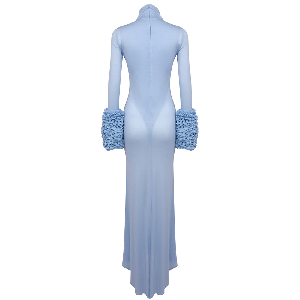 Long Sleeve Ruffle Detail Maxi Dress Blue HV1545