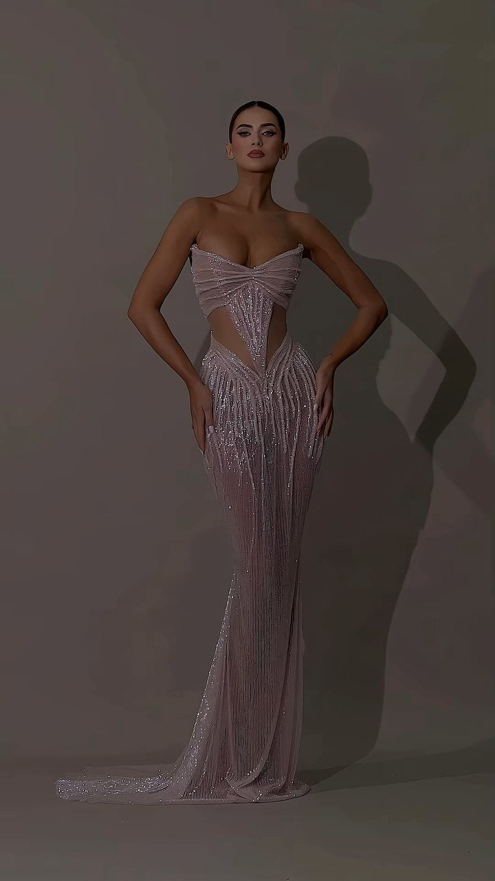 Strapless Structured Sequin Maxi Dress Nude HV1999