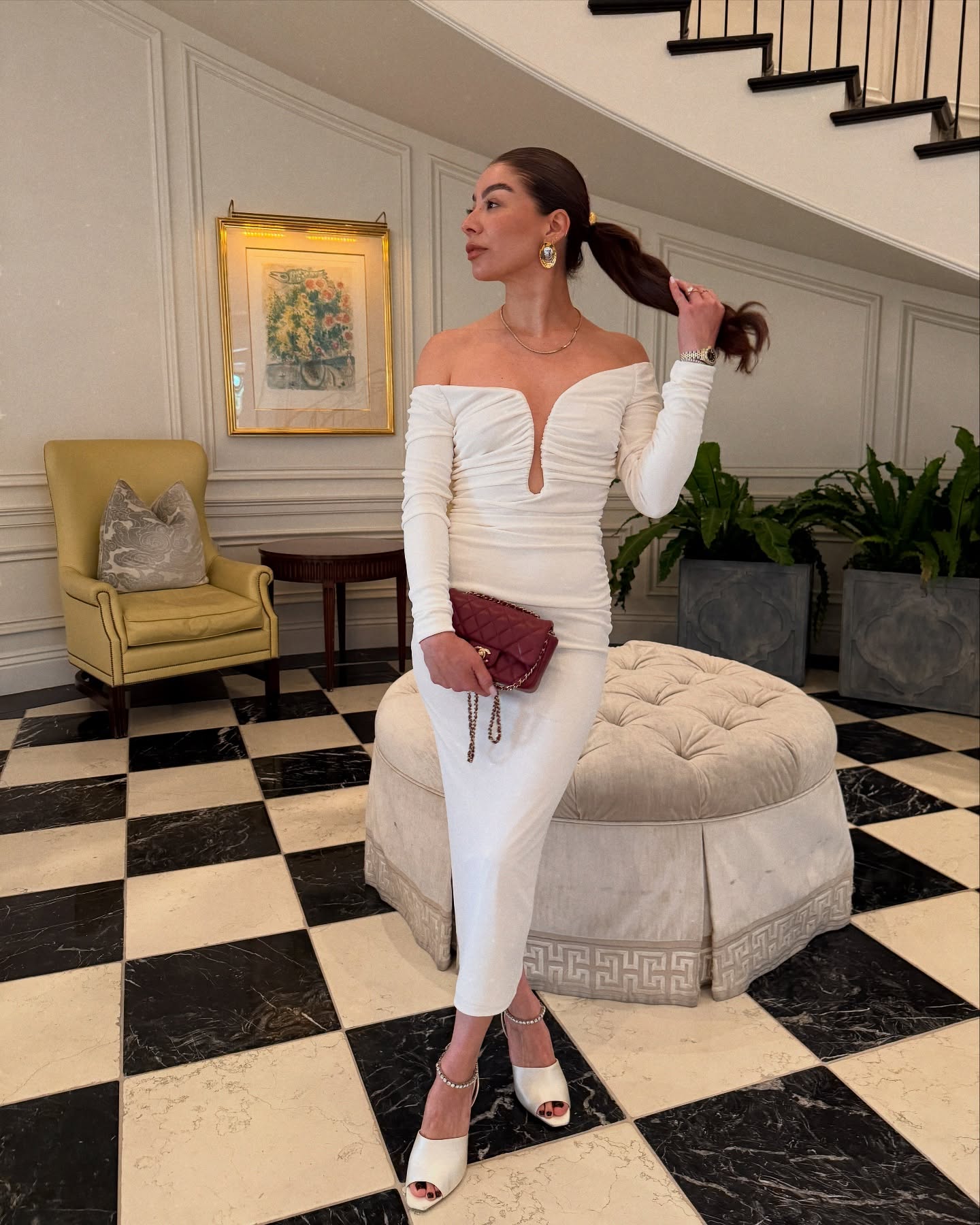 Long Sleeve Ruched Bardot Midi Dress White HV1923
