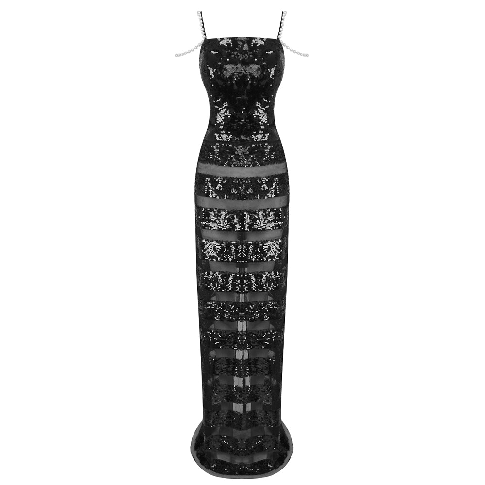 Pearl Straps Mesh Insert Sequin Maxi Dress Black HV1917
