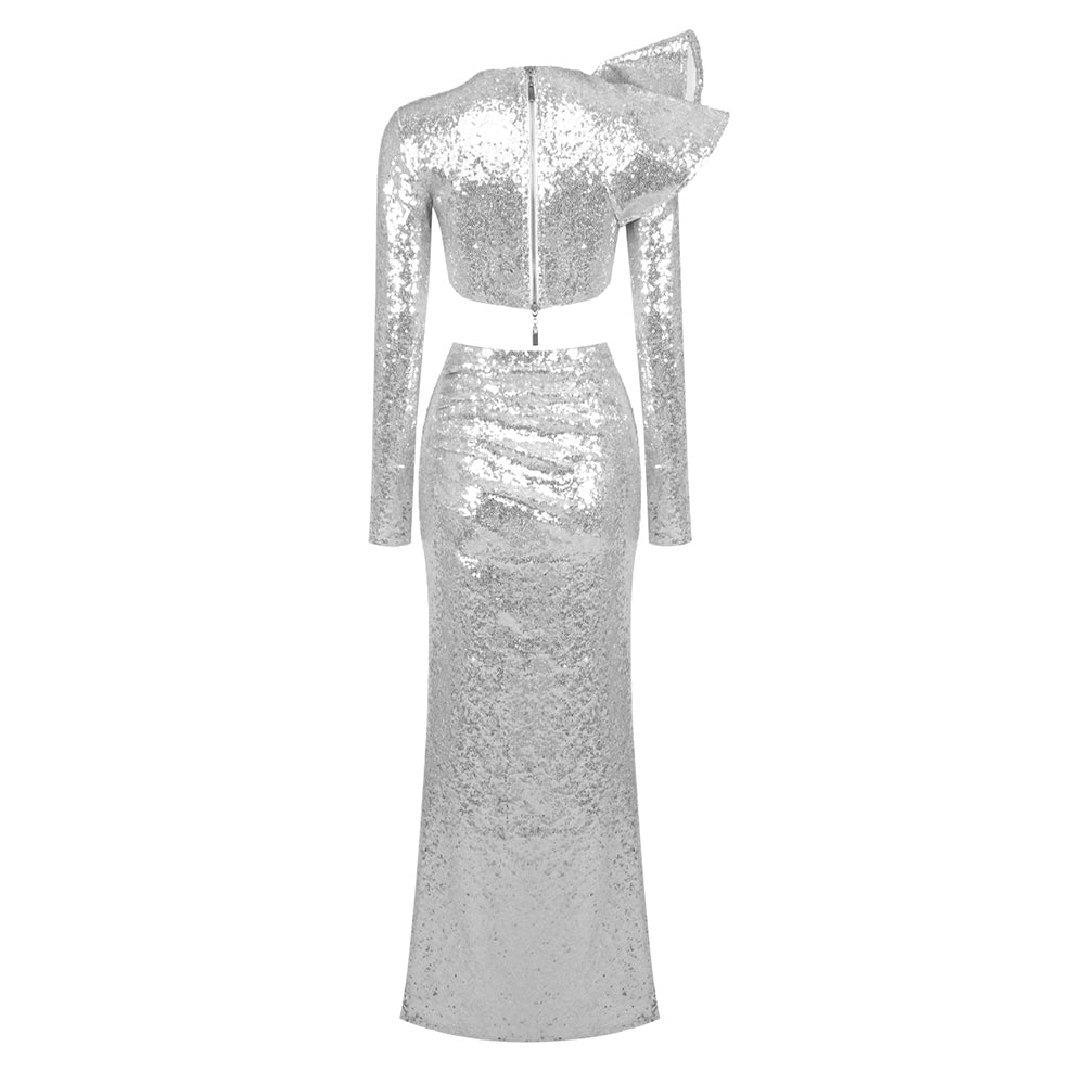 Long Sleeve Sequin Maxi Two Piece Dress Silver HV1976