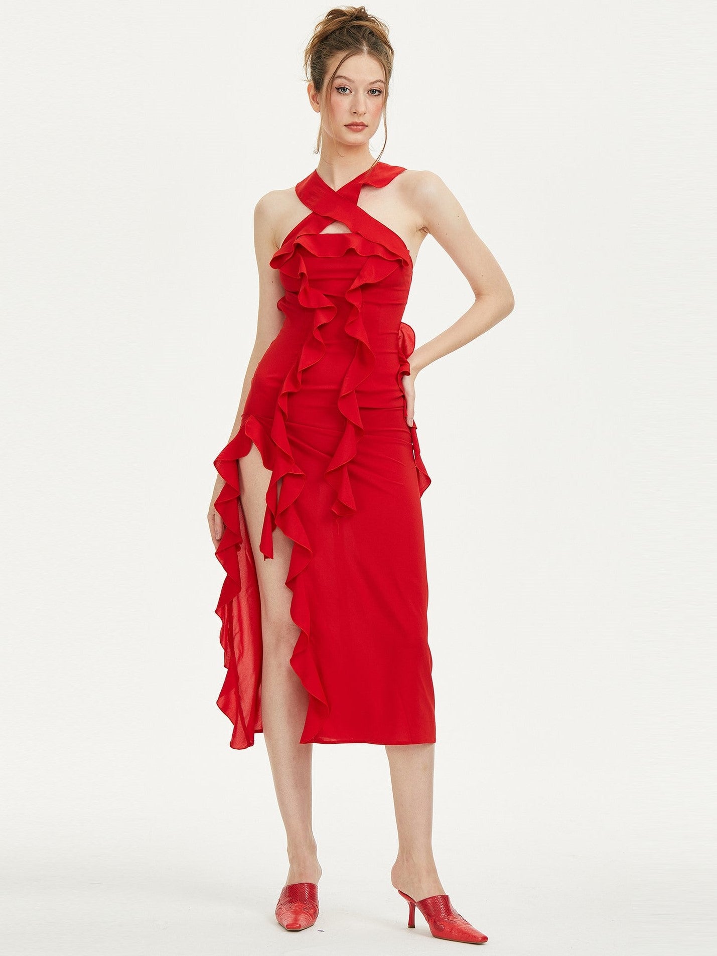 Halter Ruffle Midi Dress Red HV9889
