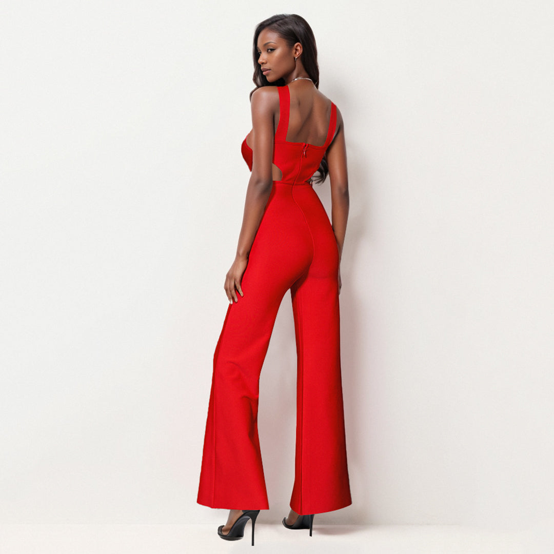 Halter Cut Out Detail Jumpsuit Red
