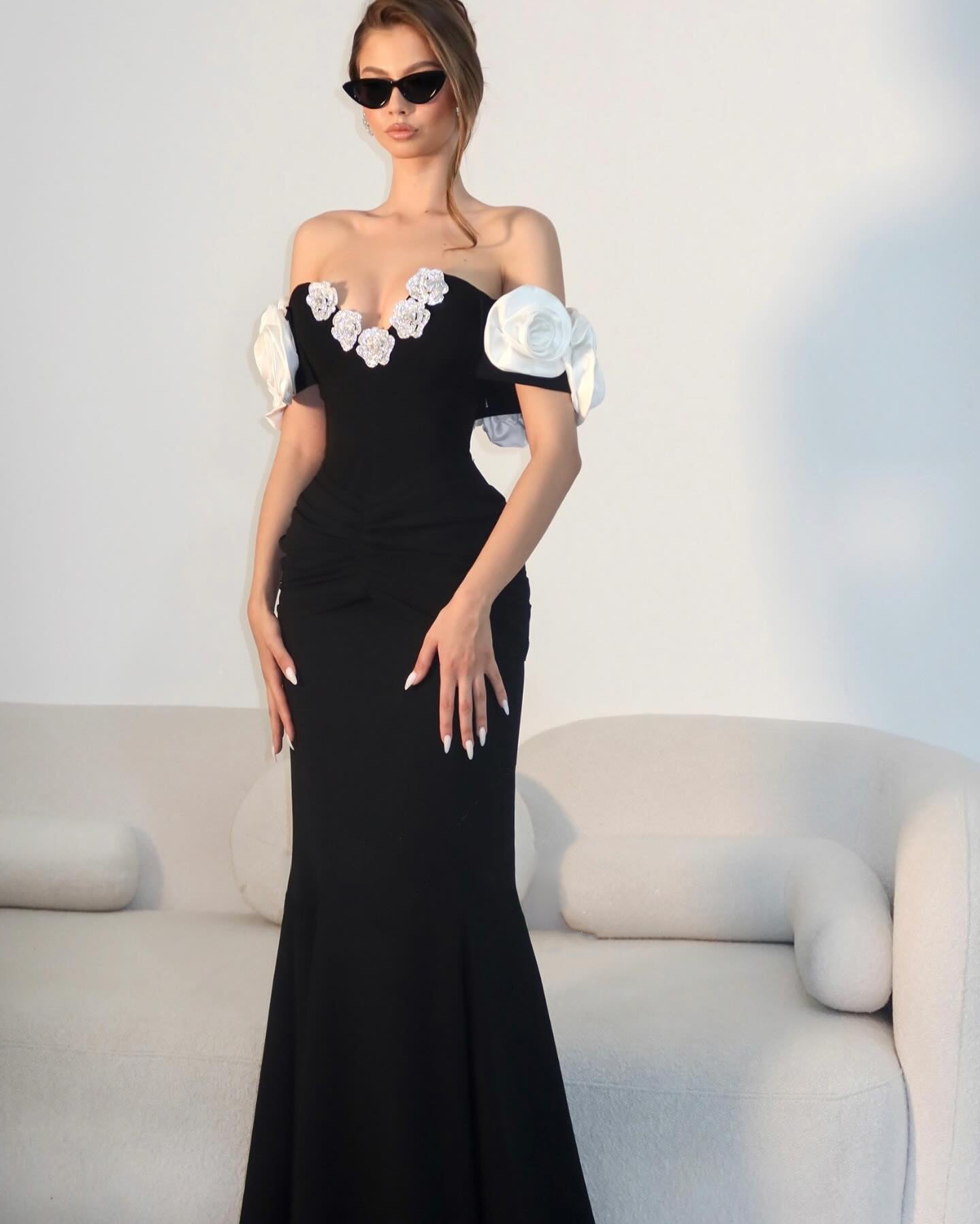 Floral Bardot Maxi Dress Black White HV1469