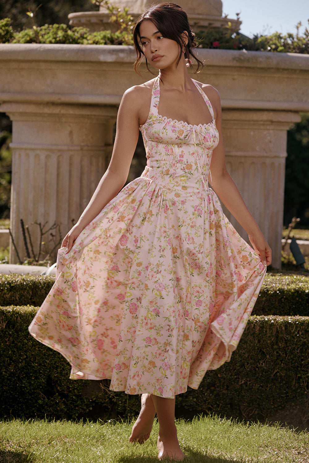 Halter Lace Bustier A Line Midi Dress Floral Pink HV1289