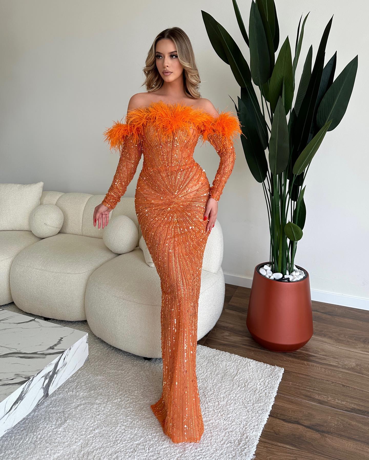 Long Sleeve Feather Bardot Sequin Maxi Dress HV1757