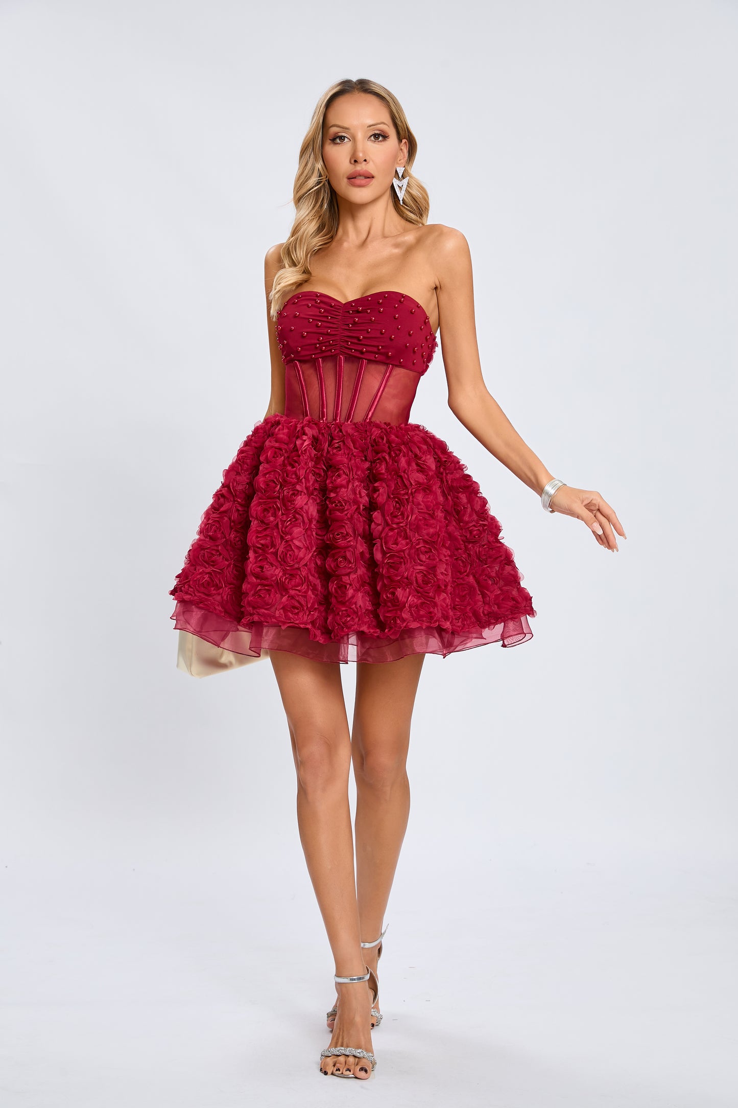 Strapless 3D Floral A Line Dress Black HV2156