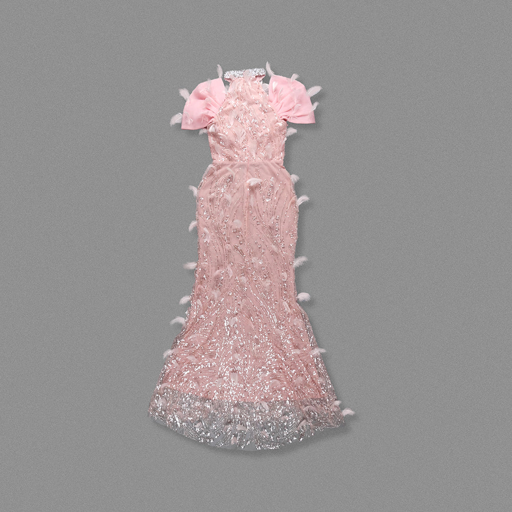 Halter Crystal Sequin Feather Maxi Dress Pink HV1961