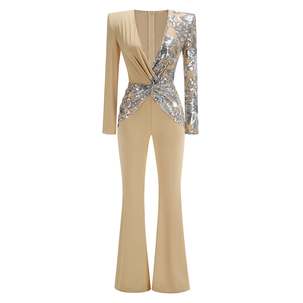 Long Sleeve Sequin Jumpsuit Sand Silver HV2059
