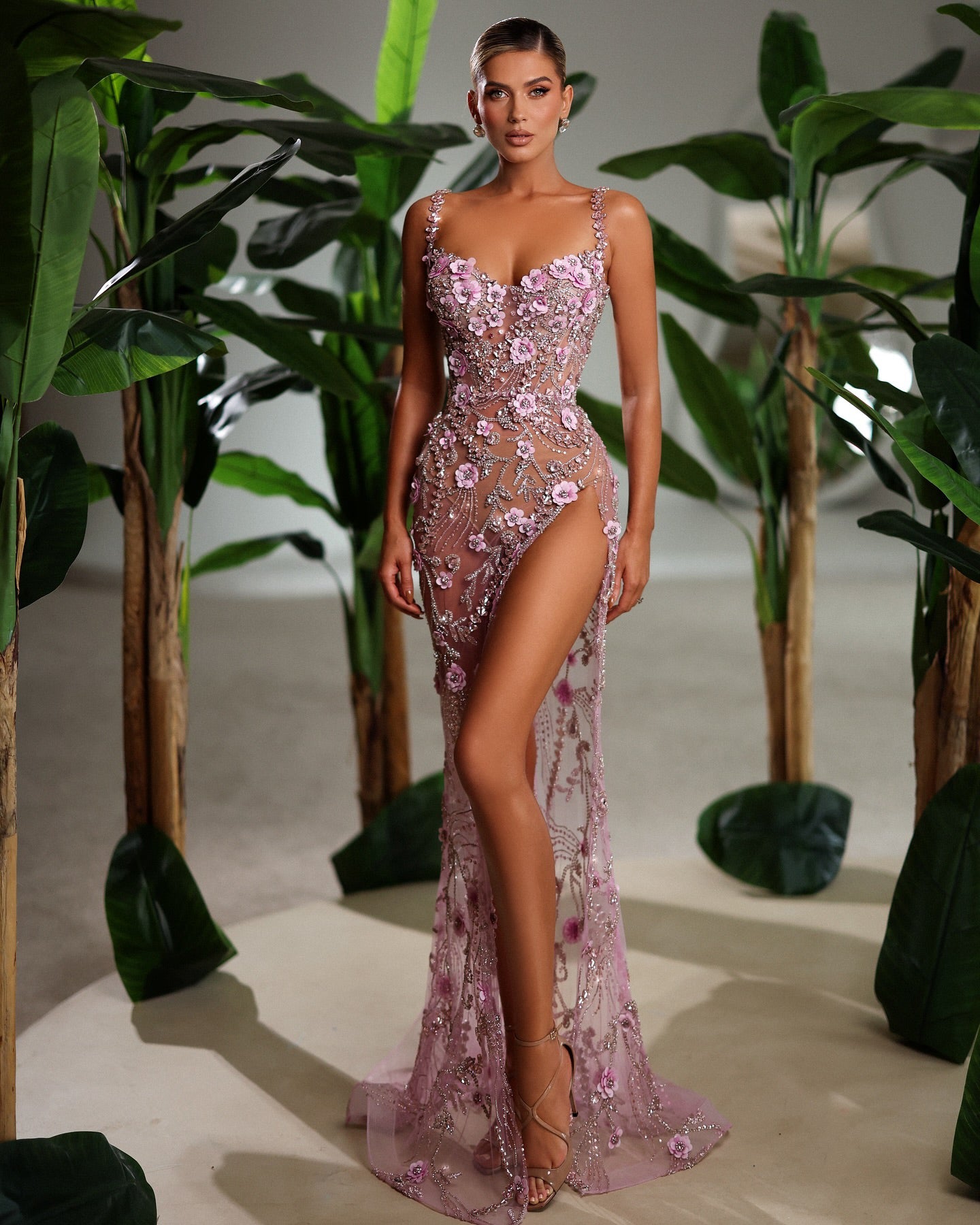 Long Sleeve Floral Sequin Maxi Dress Silver HV1784