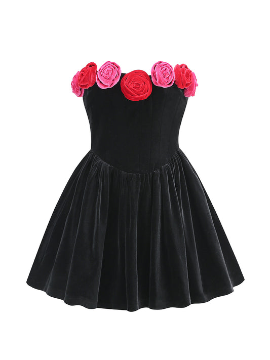Flower Detail Strapless A Line Velvet Dress Black HV1173
