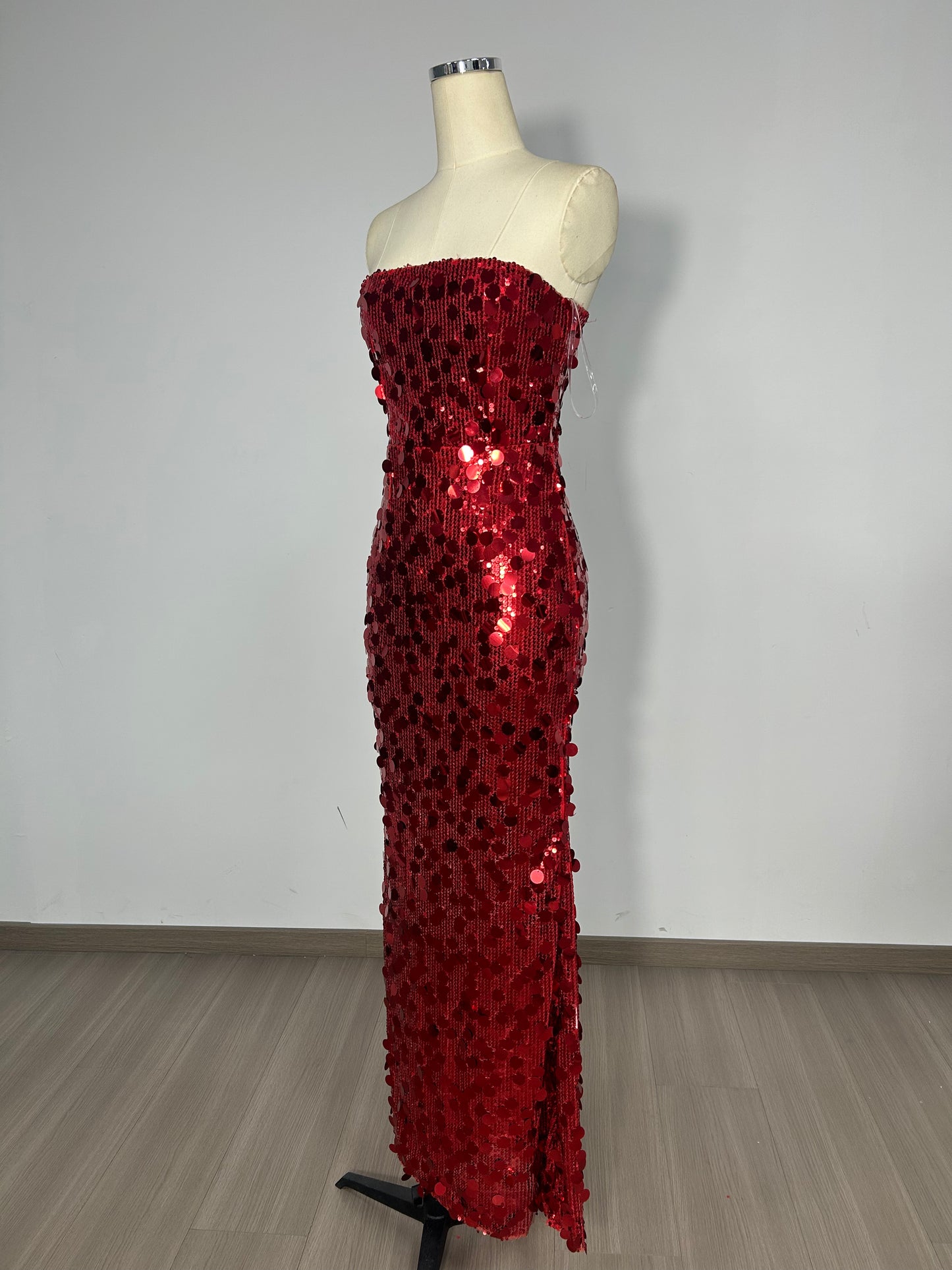 Strapless Big Sequins Maxi Dress Red BB505