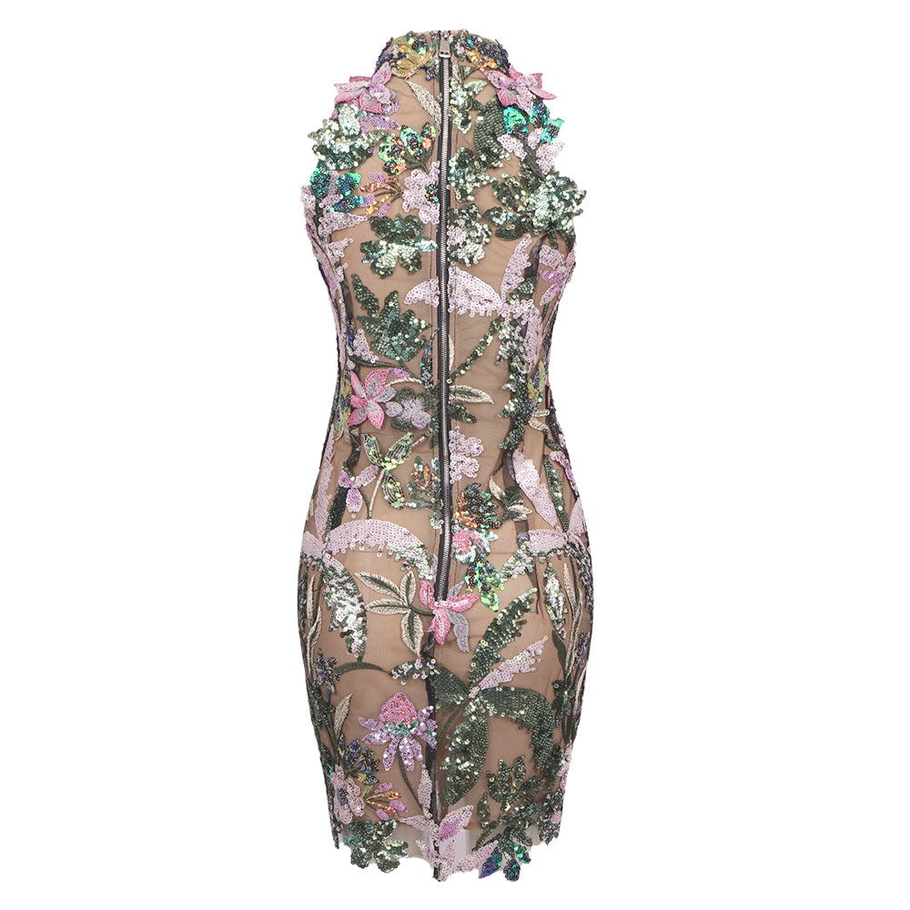 Floral Embroidered Sequin Dress Green Pink HV1600