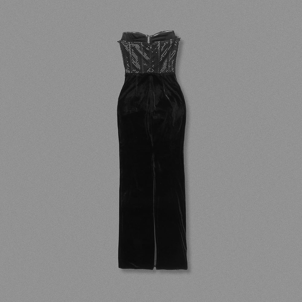 Strapless Sparkly Corset Maxi Velvet Dress Black HV2065