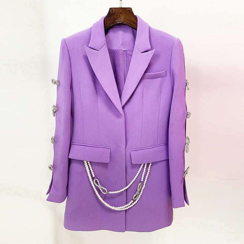 Long Sleeve Crystal Bow Blazer Dress Lavender