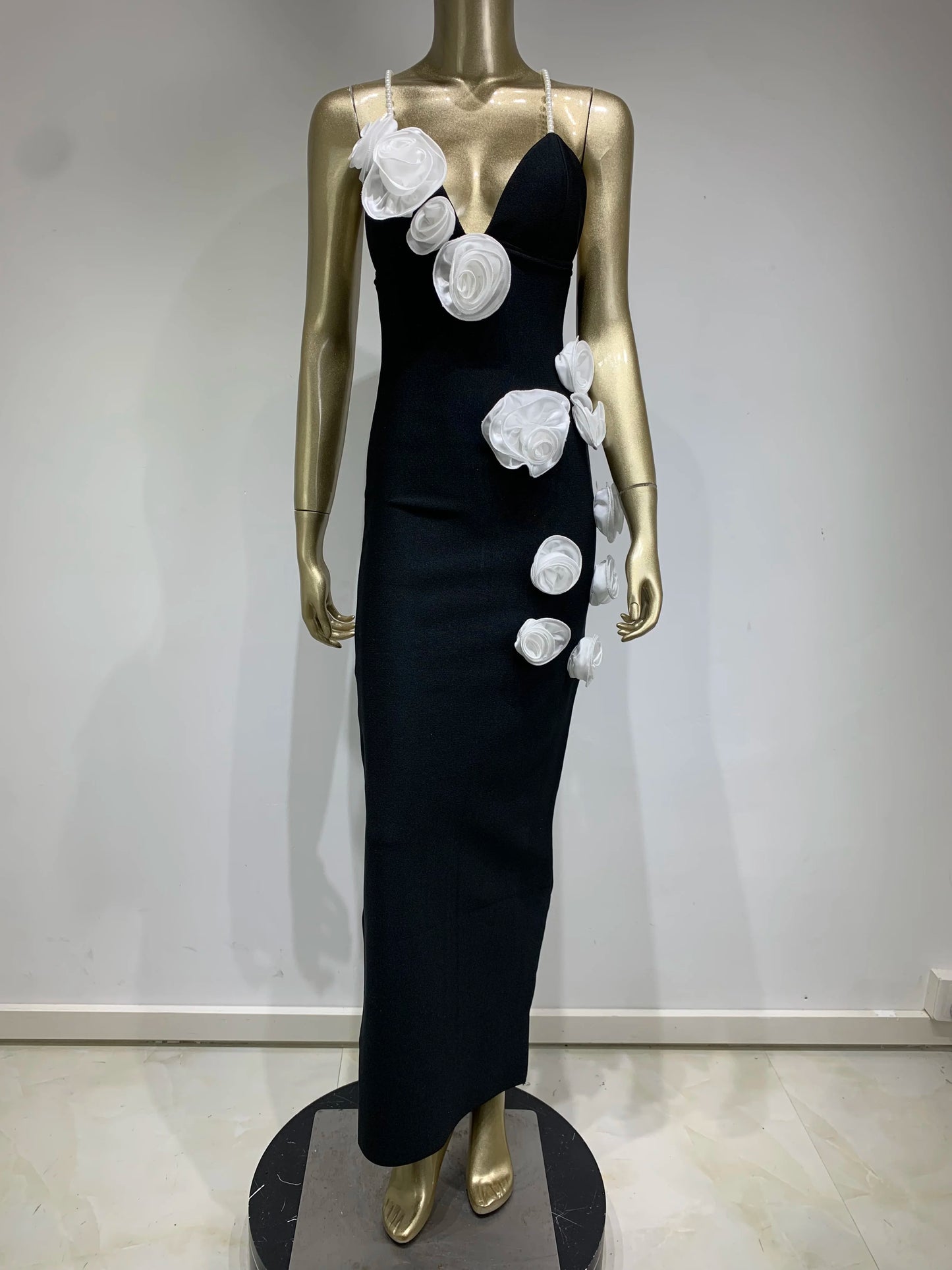Flower Detail Pearl Straps Maxi Dress HV9874