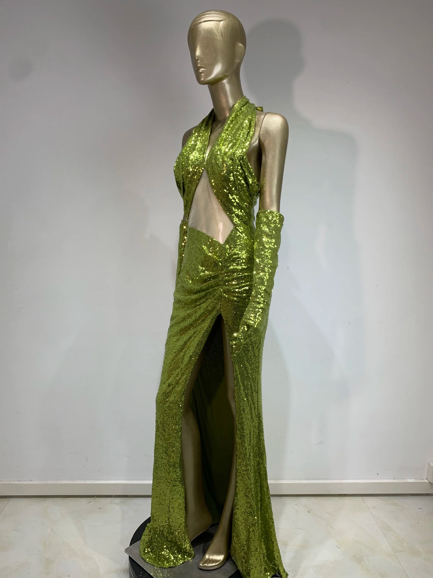 Halter Draped Sequin Maxi Dress Green HV1141