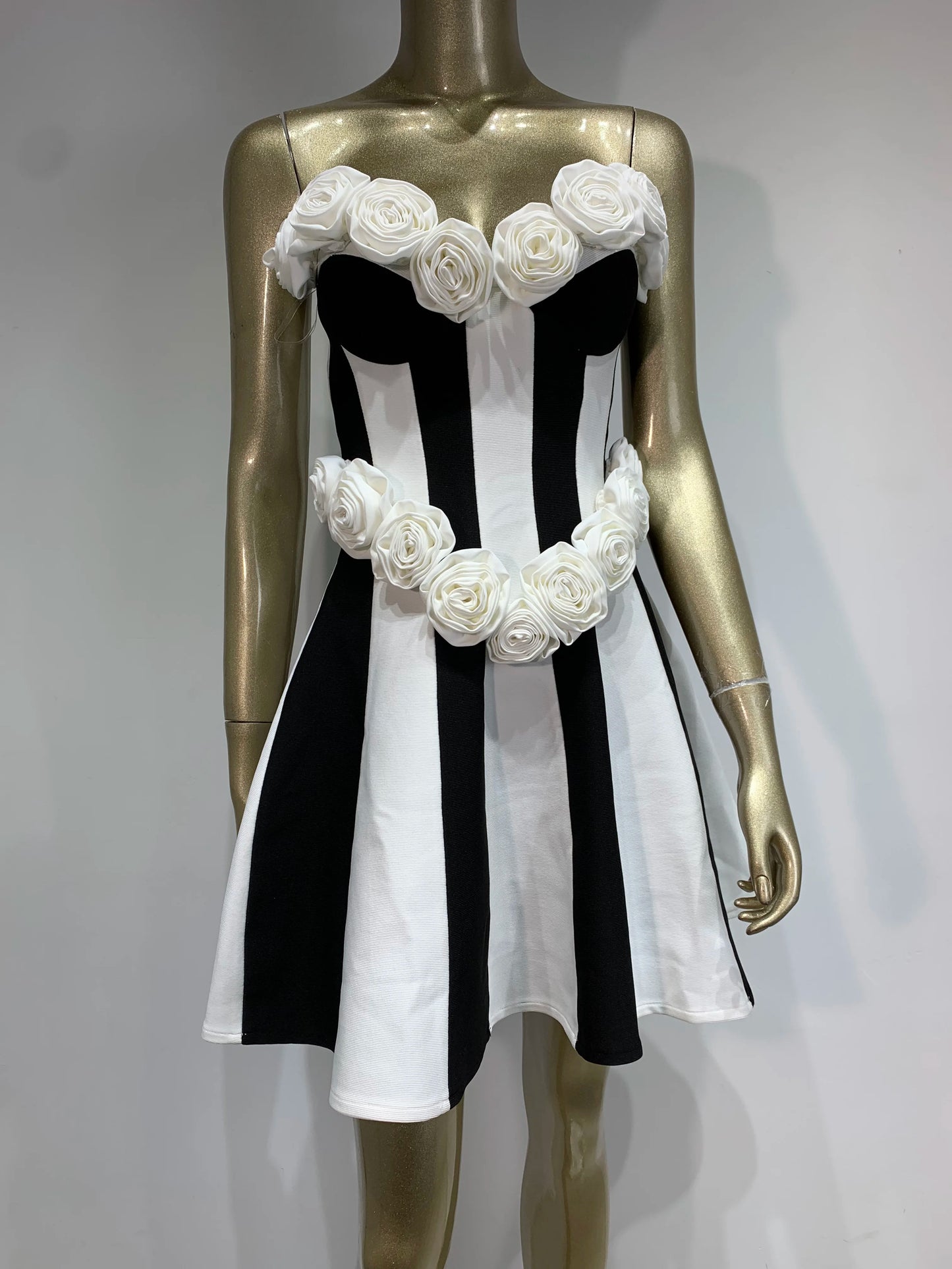 Strapless Floral Corset A Line Dress Black White HV2142