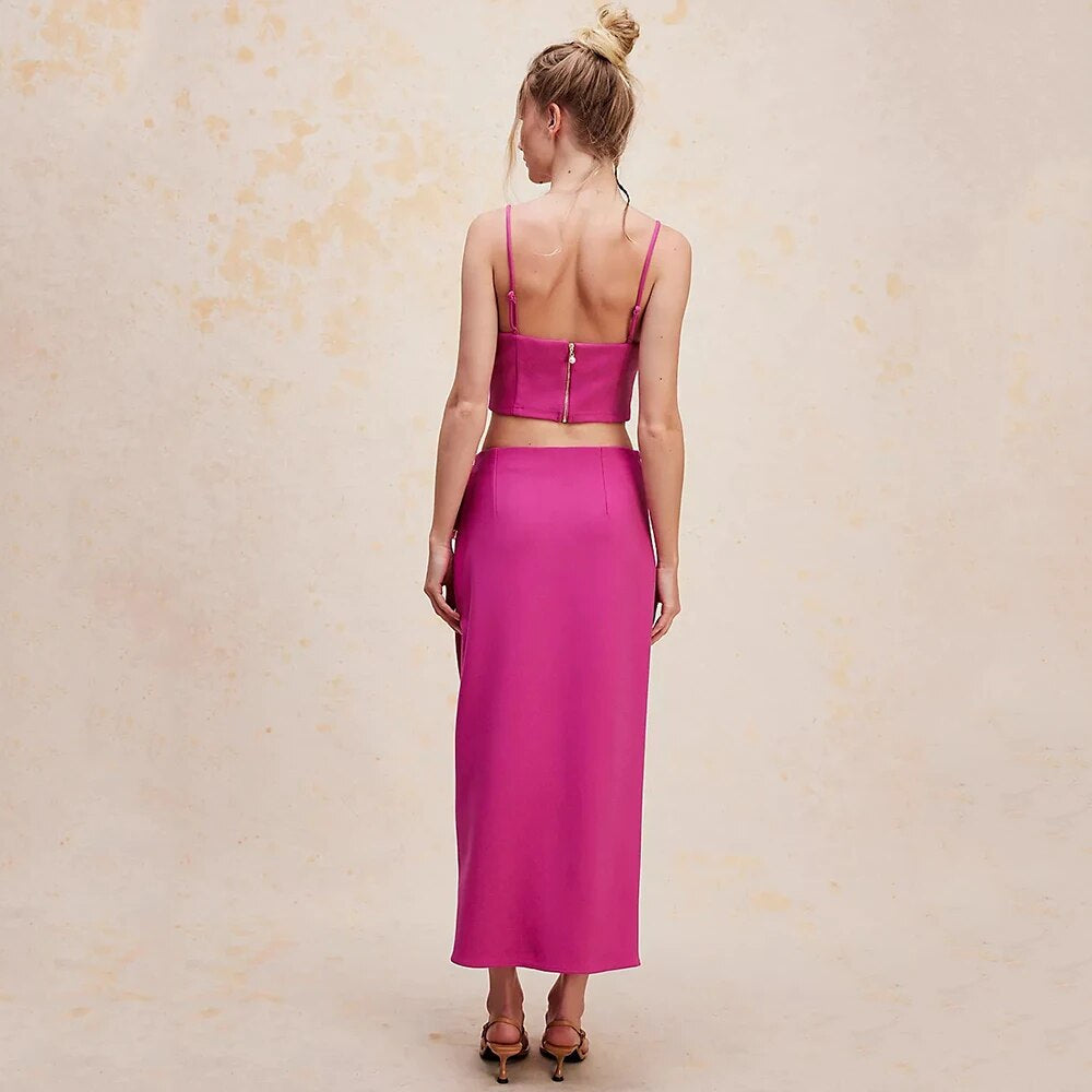 Flower Detail Two Piece Midi Dress Hot Pink
