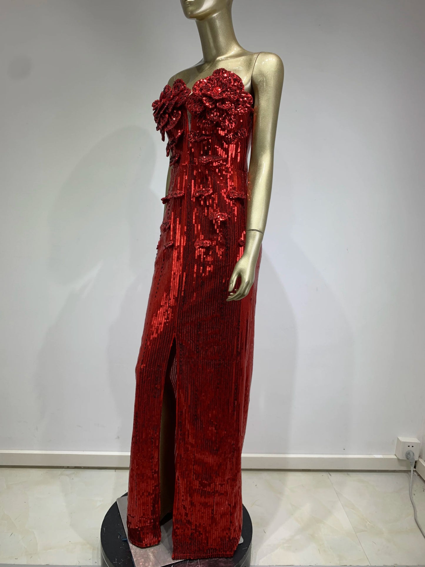Strapless Flower Sequin Maxi Dress Red HV1007