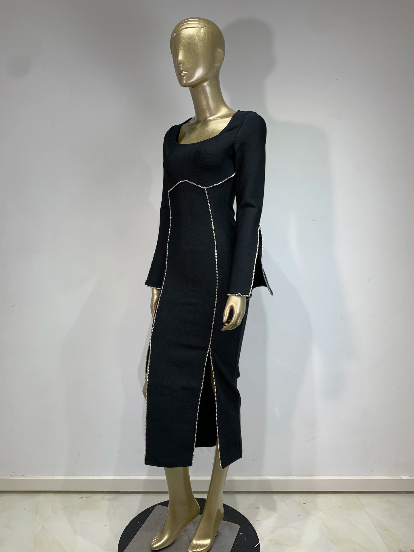 Long Sleeve Crystal Trim Midi Dress Black